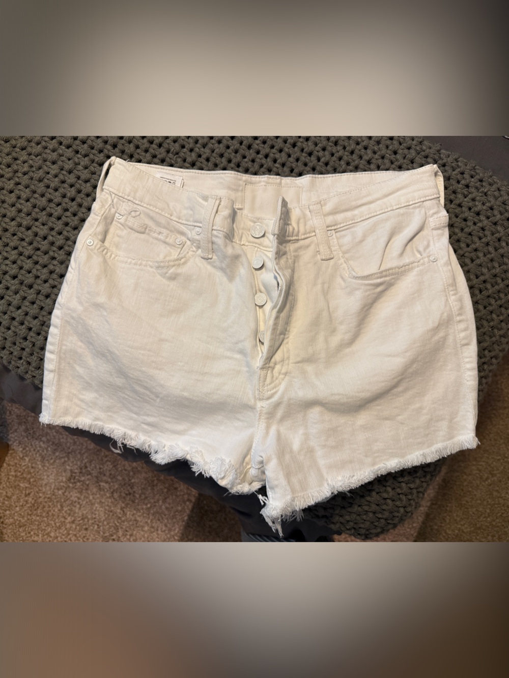 MOTHER White Frayed Hem Button-Fly Denim Shorts
